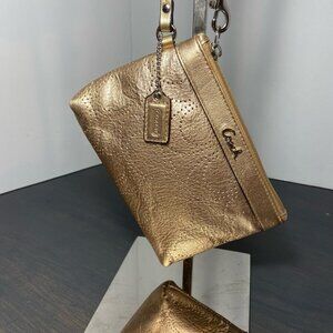 Coach Metallic Gold Leather Wristlet – Perforated Design – Silver Hardware